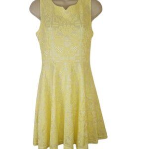 Runway Paris Womens Mini Fit & Flare Dress Yellow Floral Lace Over Satin M New